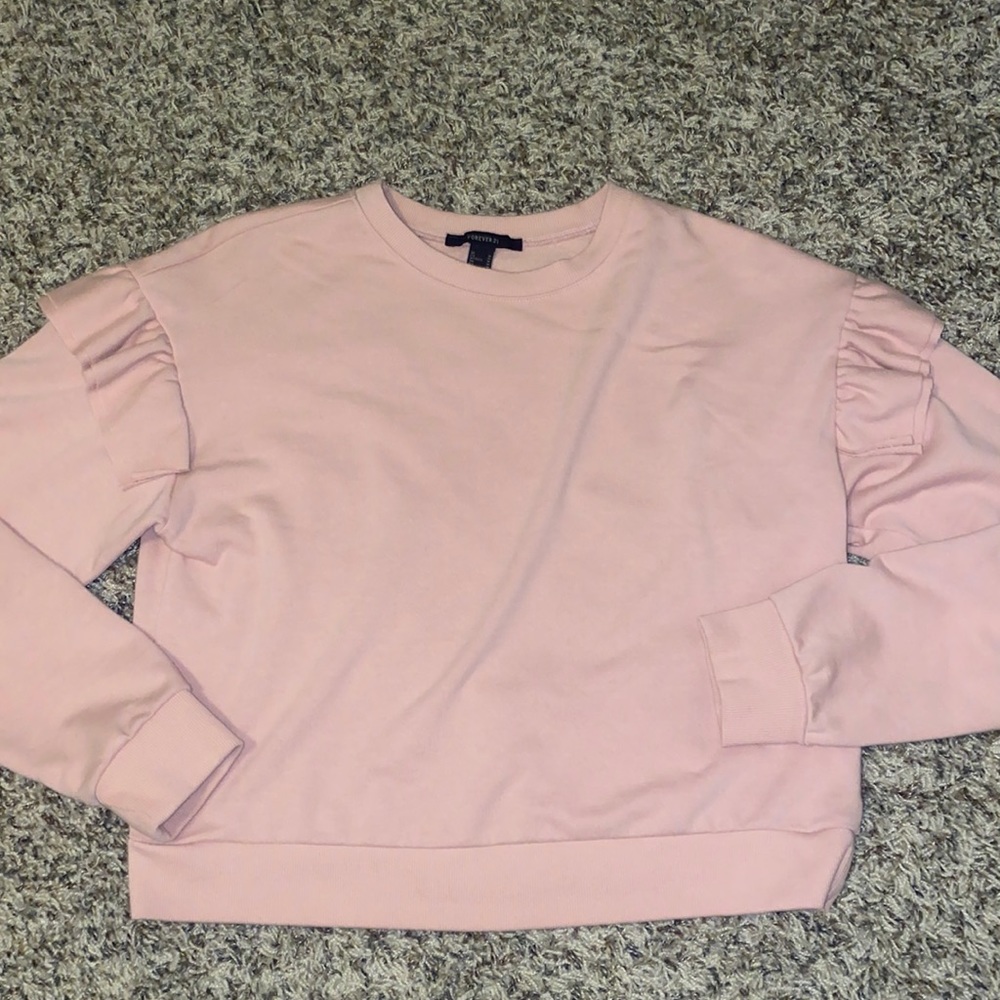 pink ruffle sleeve crewneck sweater